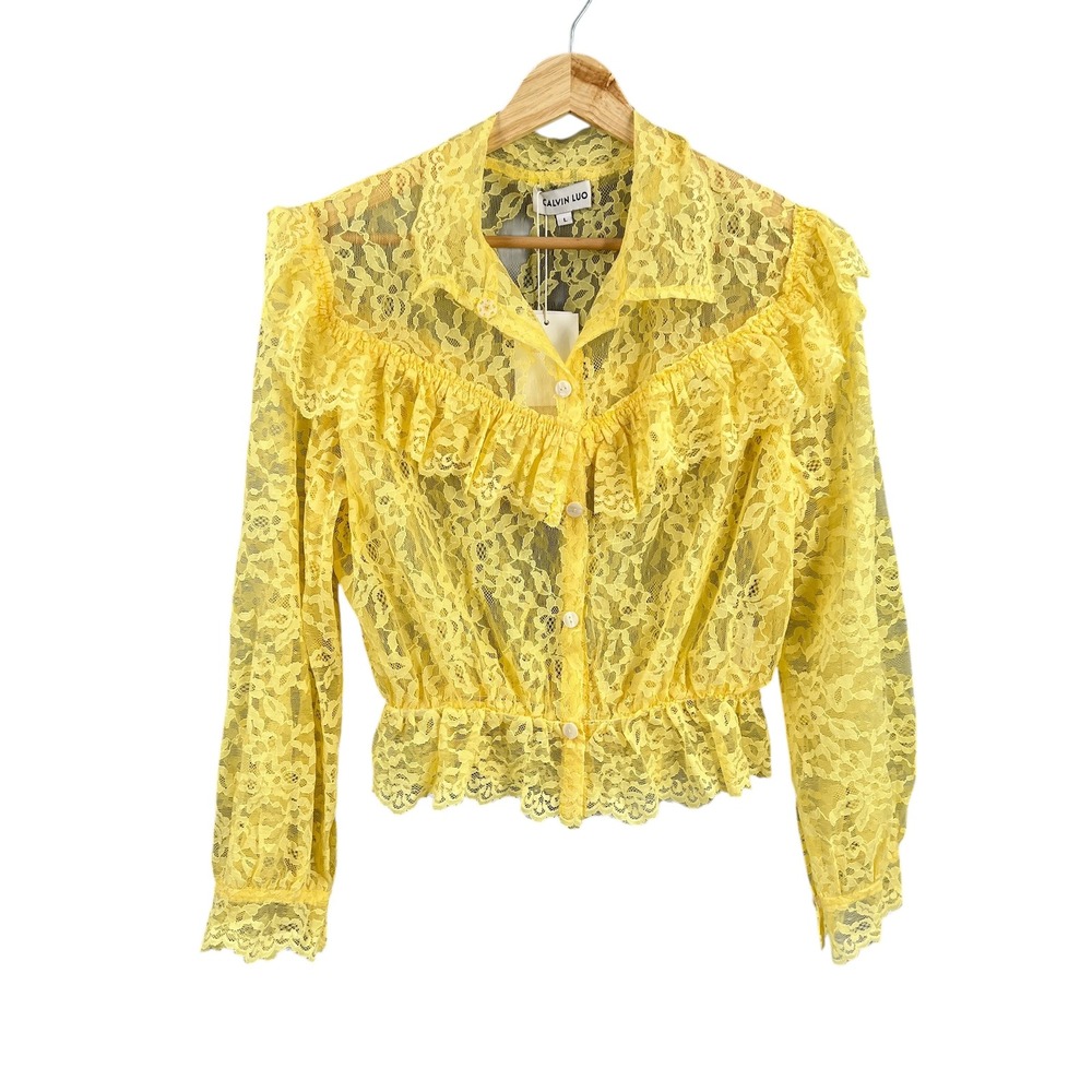 CALVIN LUO Yellow Lace Ruffle Blouse Top Sheer Romantic Cottage Coquette L‎ New